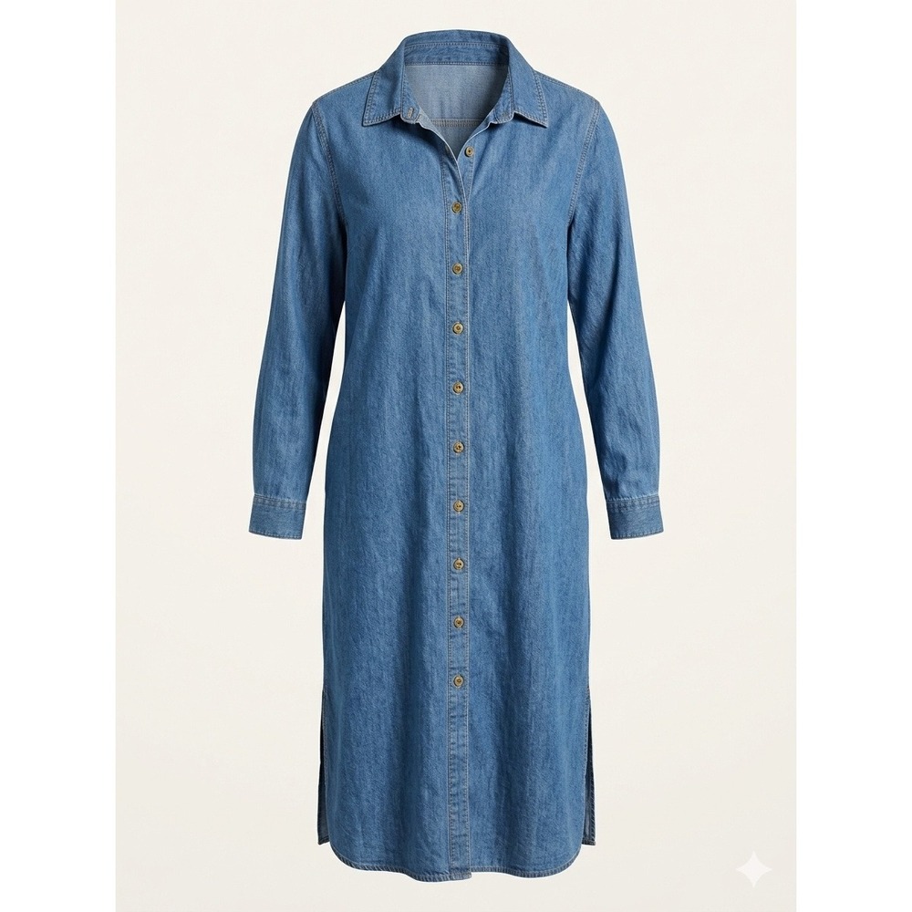 NorthStyle Womens L Blue Cotton Denim Midi Shirt Dress Cottage‎ Coastal Grandma
